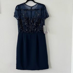 JS COLLECTIONS Navy Sheath Dress Sz 12 Beaded Crew Neck Short Sleeve